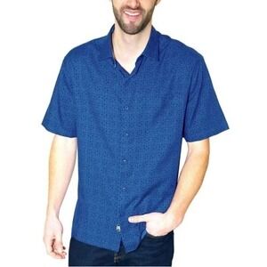 Nat Nast Men Medium Geometric Short Sleeve Button Up Shirt‎ Camp Silk Blue